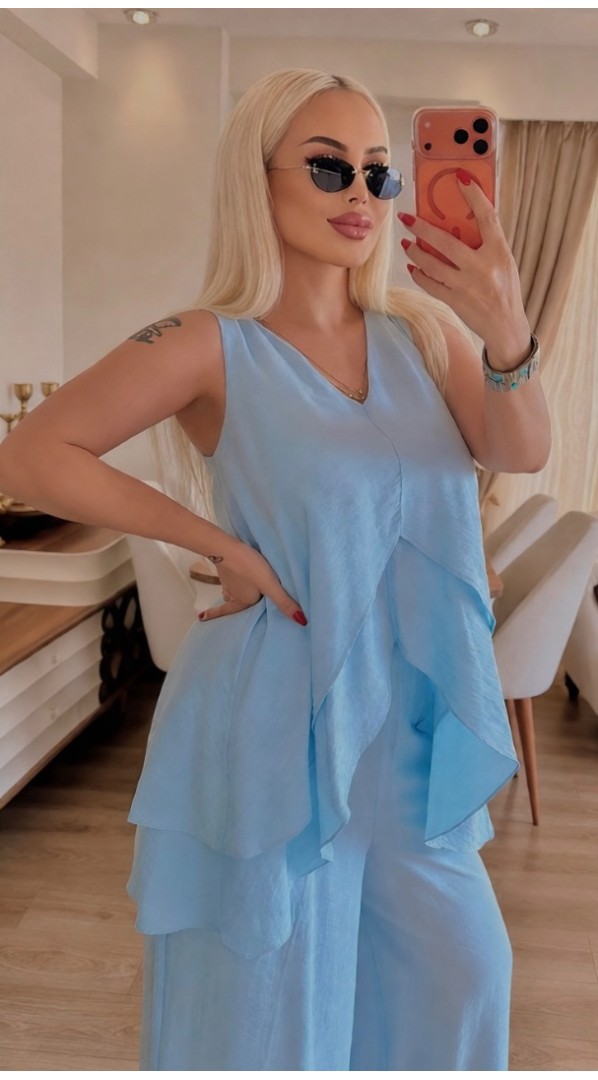 Fırfır detaylı kolsuz ikili takım Mavi