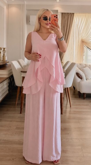Fırfır detaylı kolsuz ikili takım Pembe
