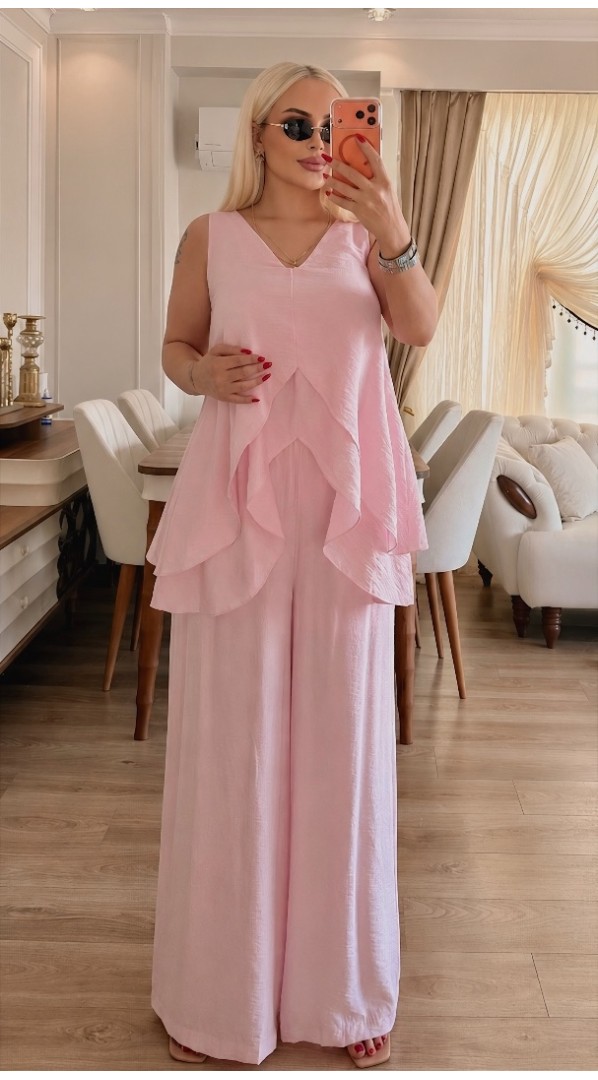 Fırfır detaylı kolsuz ikili takım Pembe
